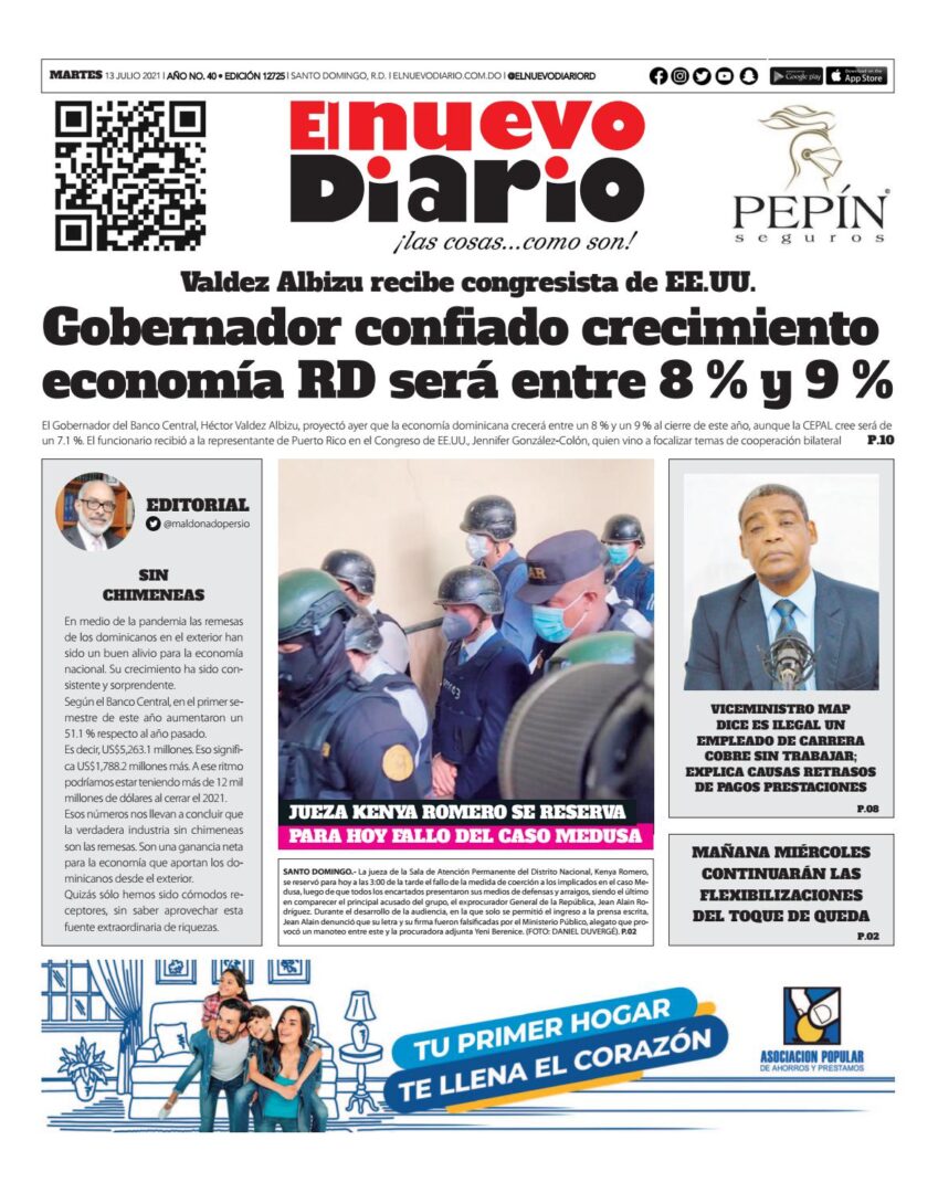 Portada Periódico El Nuevo Diario, Martes 13 Julio, 2021