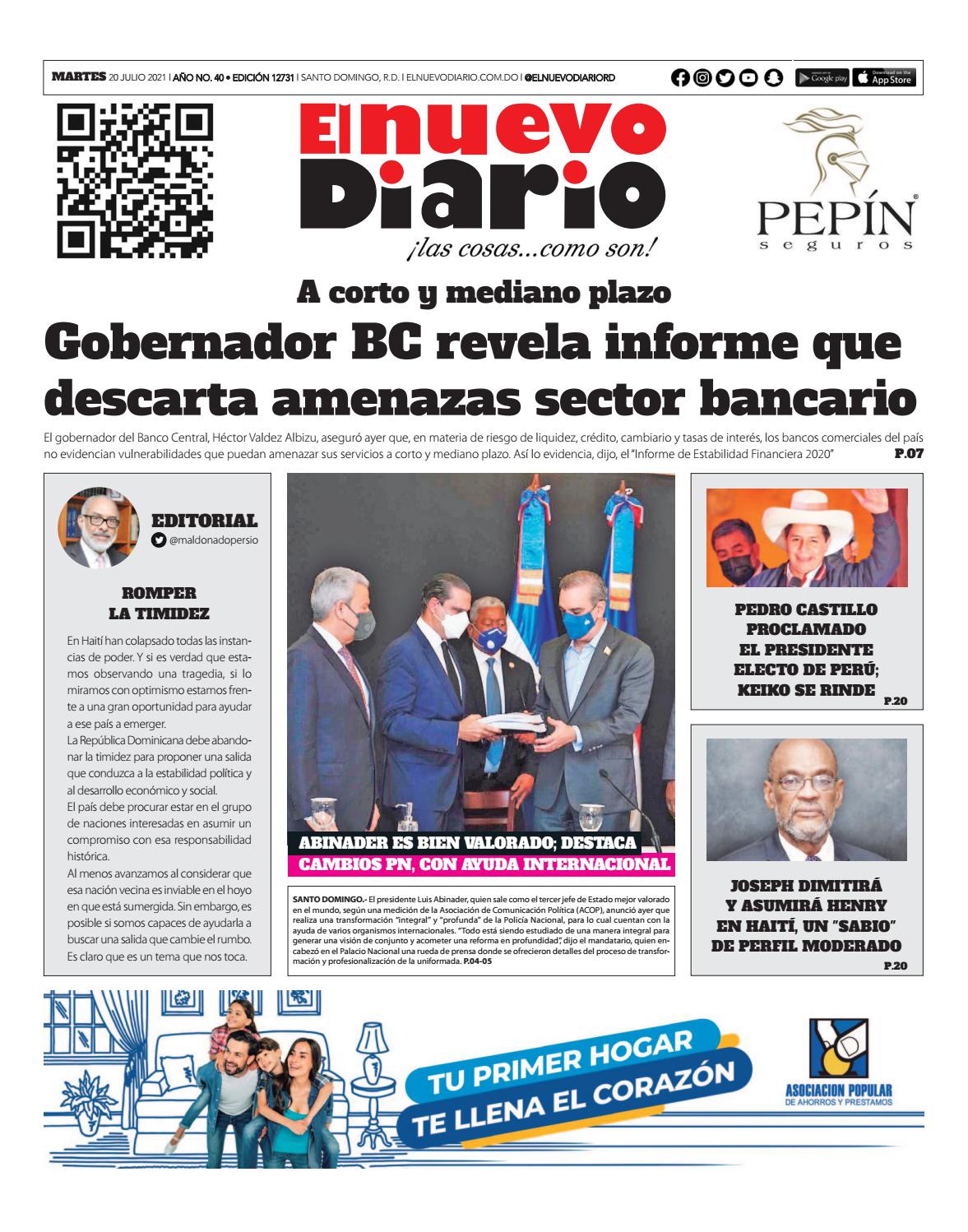 Portada Periódico El Nuevo Diario, Martes 20 Julio, 2021