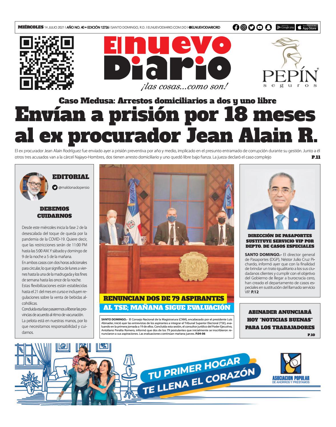 Portada Periódico El Nuevo Diario, Miércoles 14 Julio, 2021
