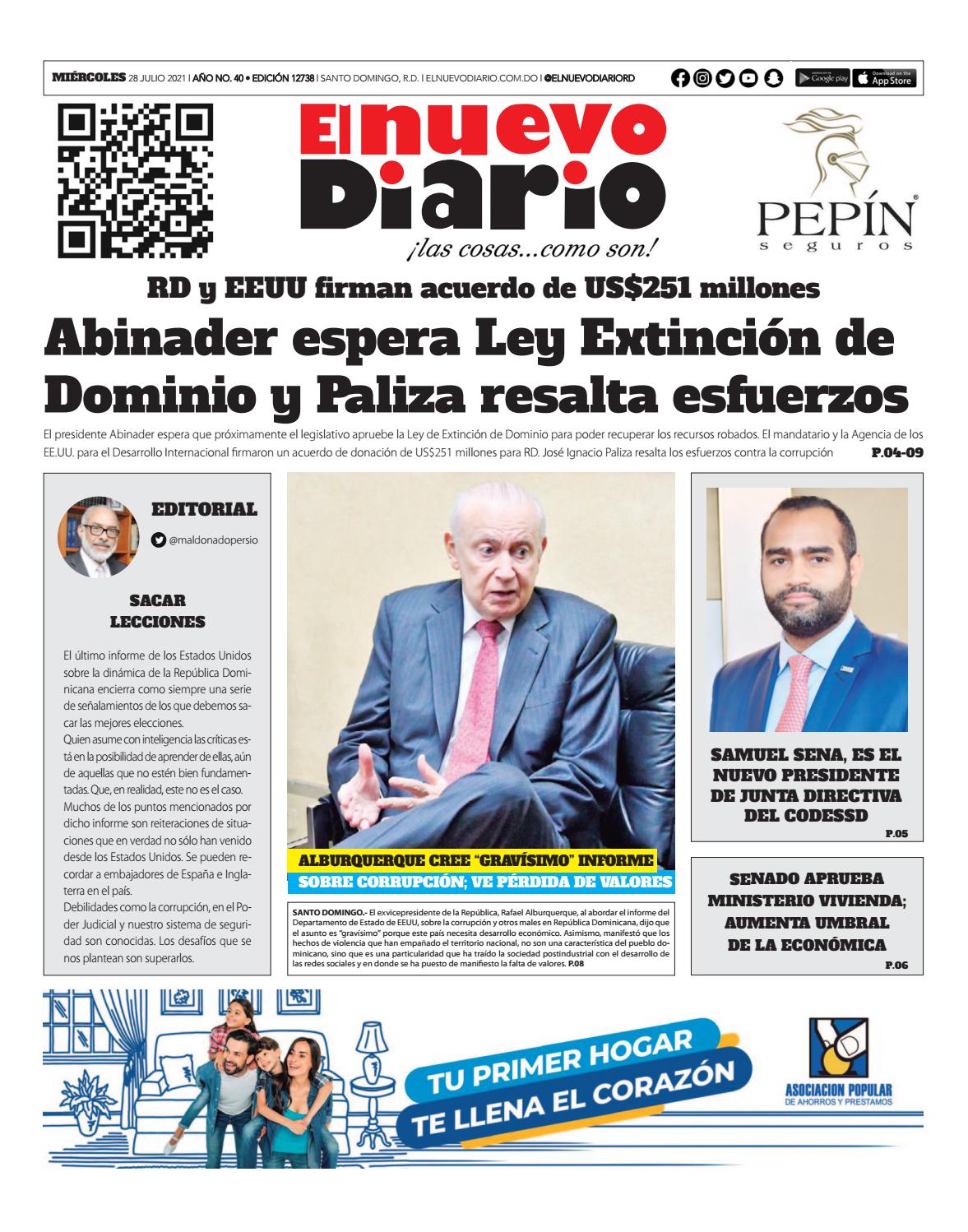 Portada Periódico El Nuevo Diario, Miércoles 28 Julio, 2021