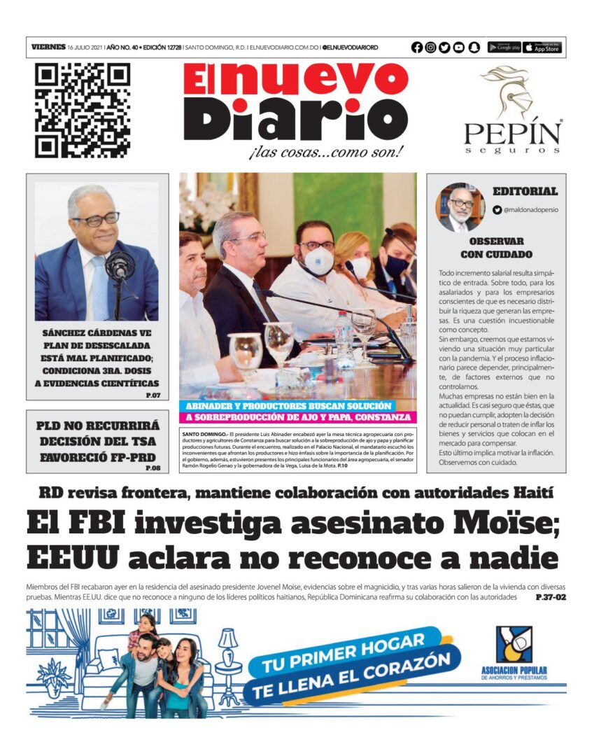 Portada Periódico El Nuevo Diario, Viernes 16 Julio, 2021