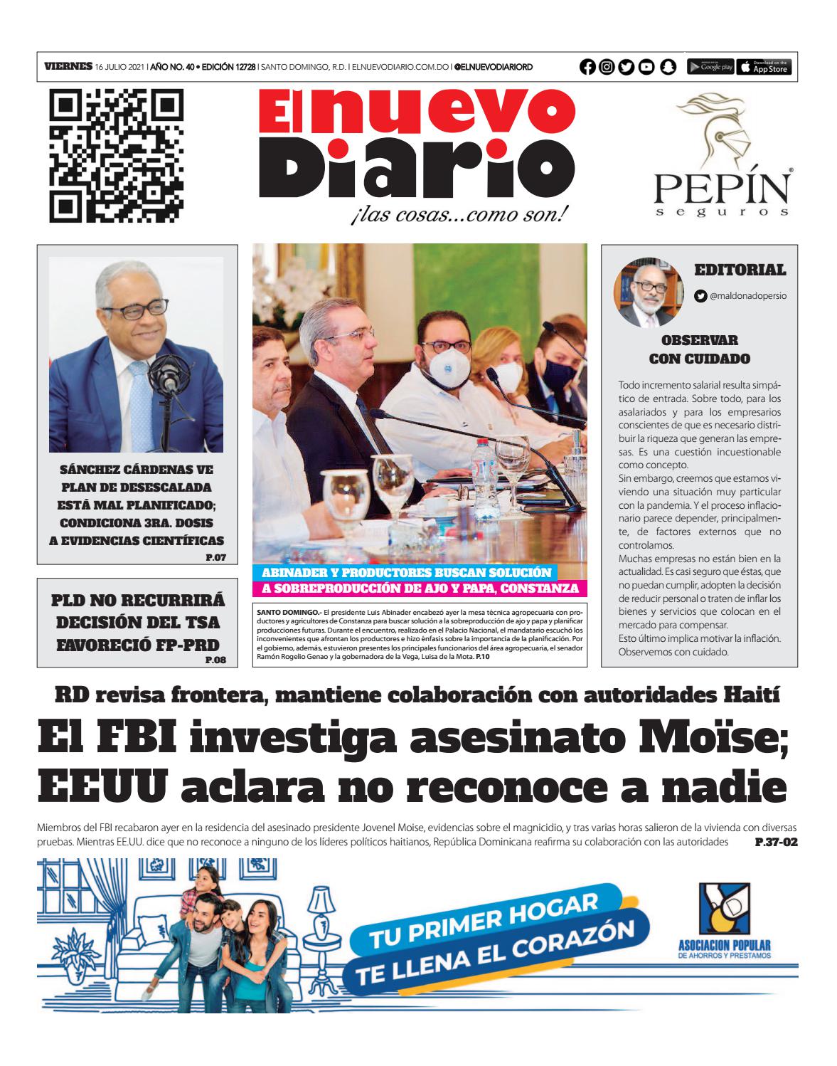 Portada Periódico El Nuevo Diario, Viernes 16 Julio, 2021