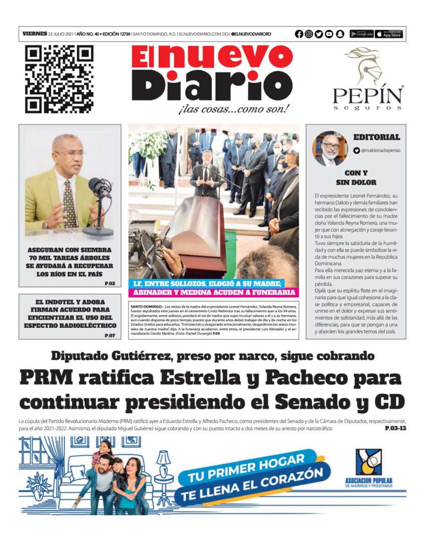 Portada Periódico El Nuevo Diario, Viernes 23 Julio, 2021