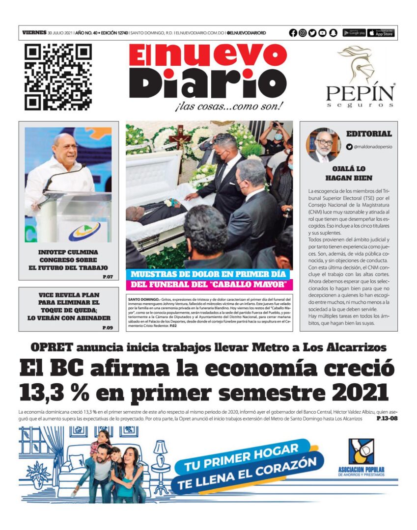 Portada Periódico El Nuevo Diario, Viernes 30 Julio, 2021