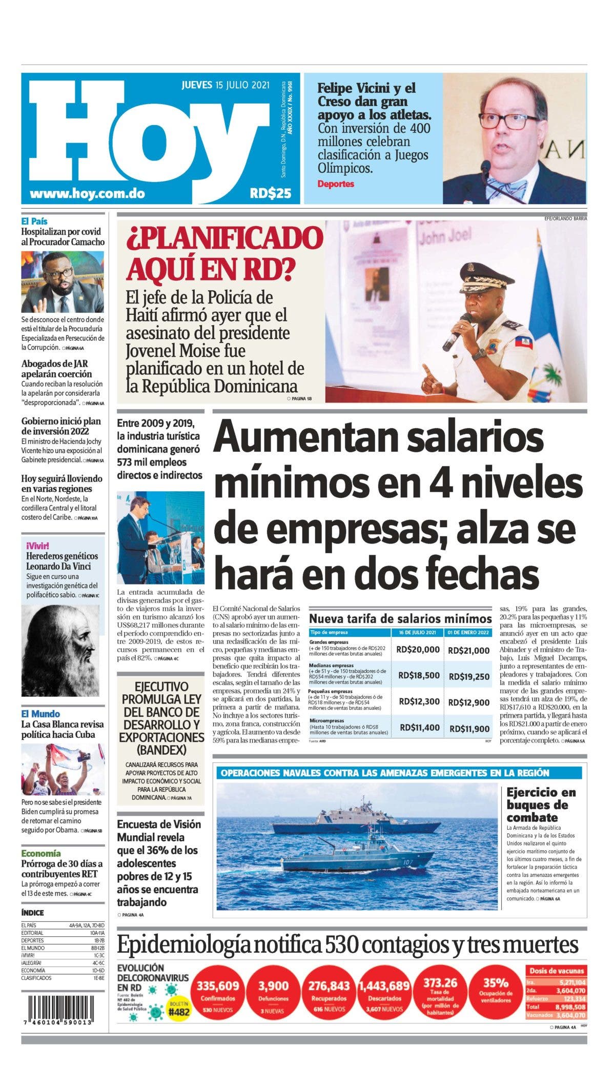 Portada Periódico Hoy, Jueves 15 Julio, 2021