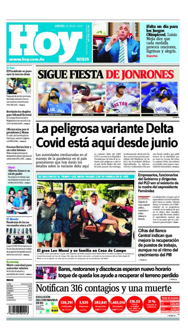 Portada Periódico Hoy, Jueves 22 Julio, 2021