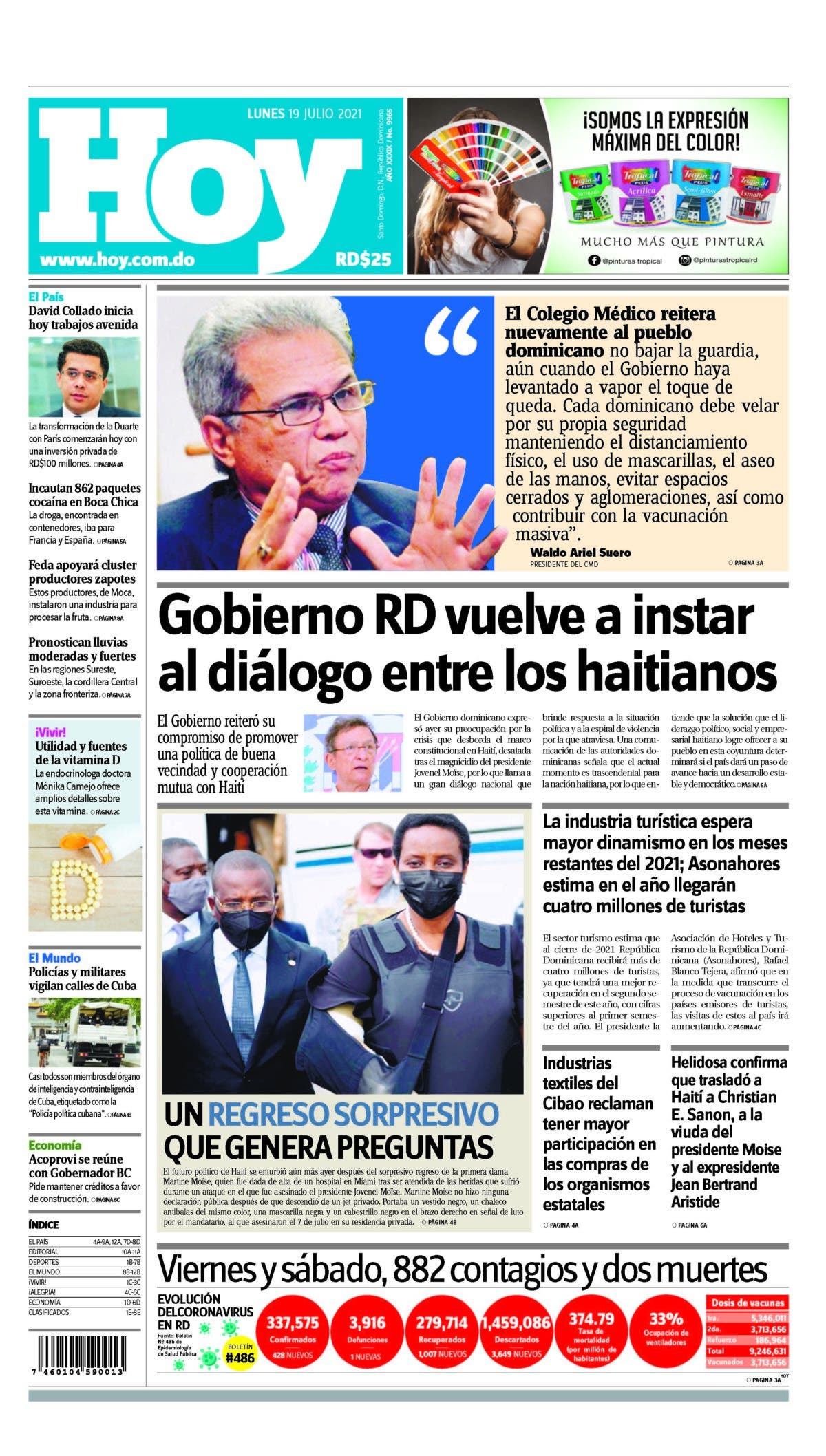 Portada Periódico Hoy, Lunes 19 Julio, 2021