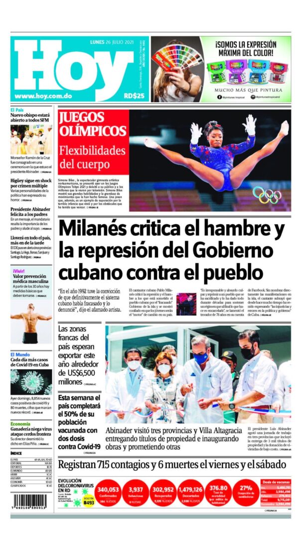 Portada Periódico Hoy, Lunes 26 Julio, 2021