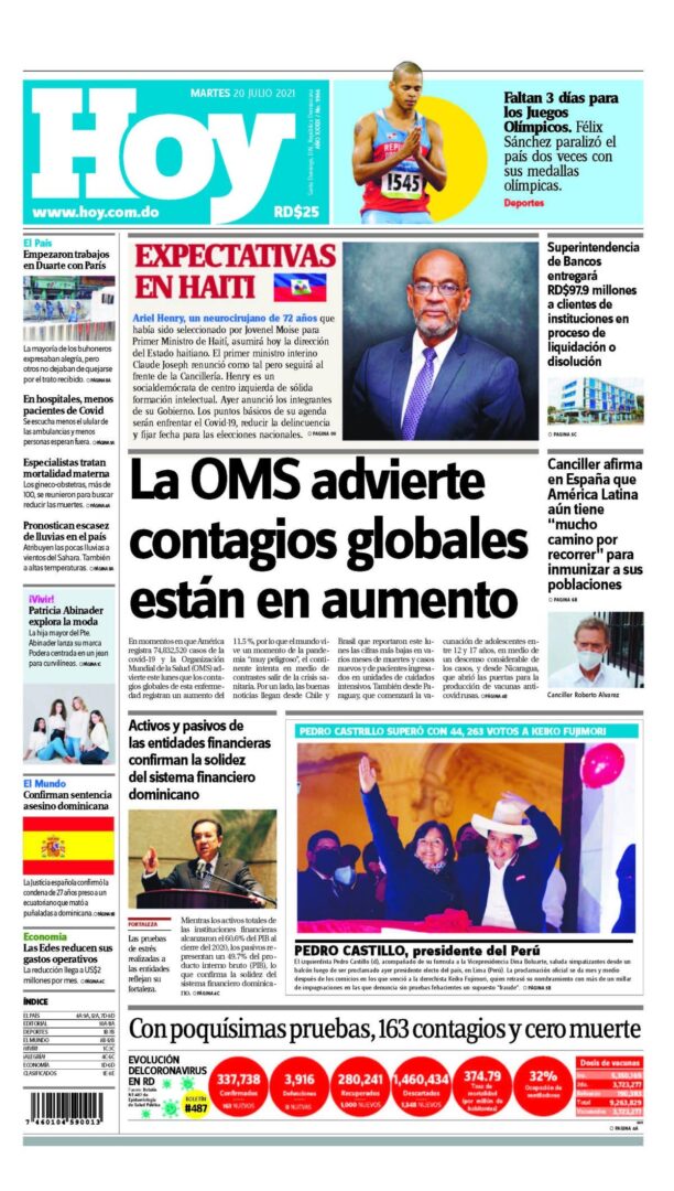 Portada Periódico Hoy, Martes 20 Julio, 2021