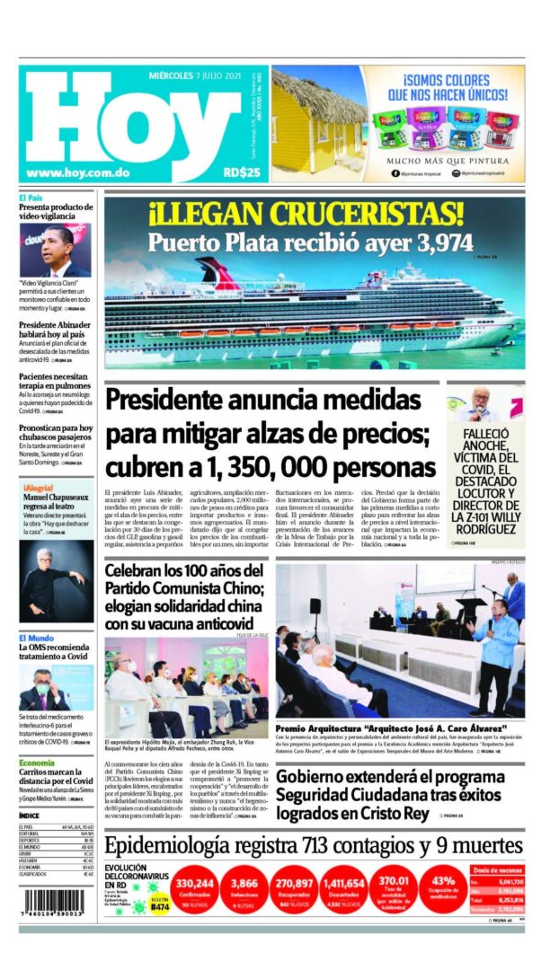Portada Periódico Hoy, Miércoles 14 Julio, 2021