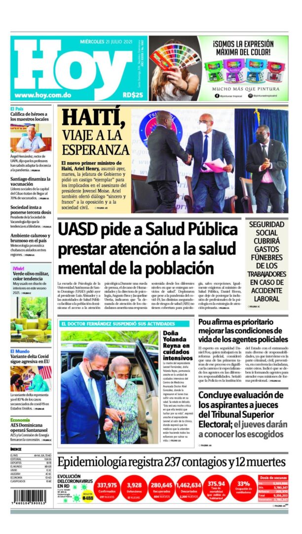 Portada Periódico Hoy, Miércoles 21 Julio, 2021