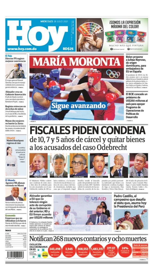 Portada Periódico Hoy, Miércoles 28 Julio, 2021