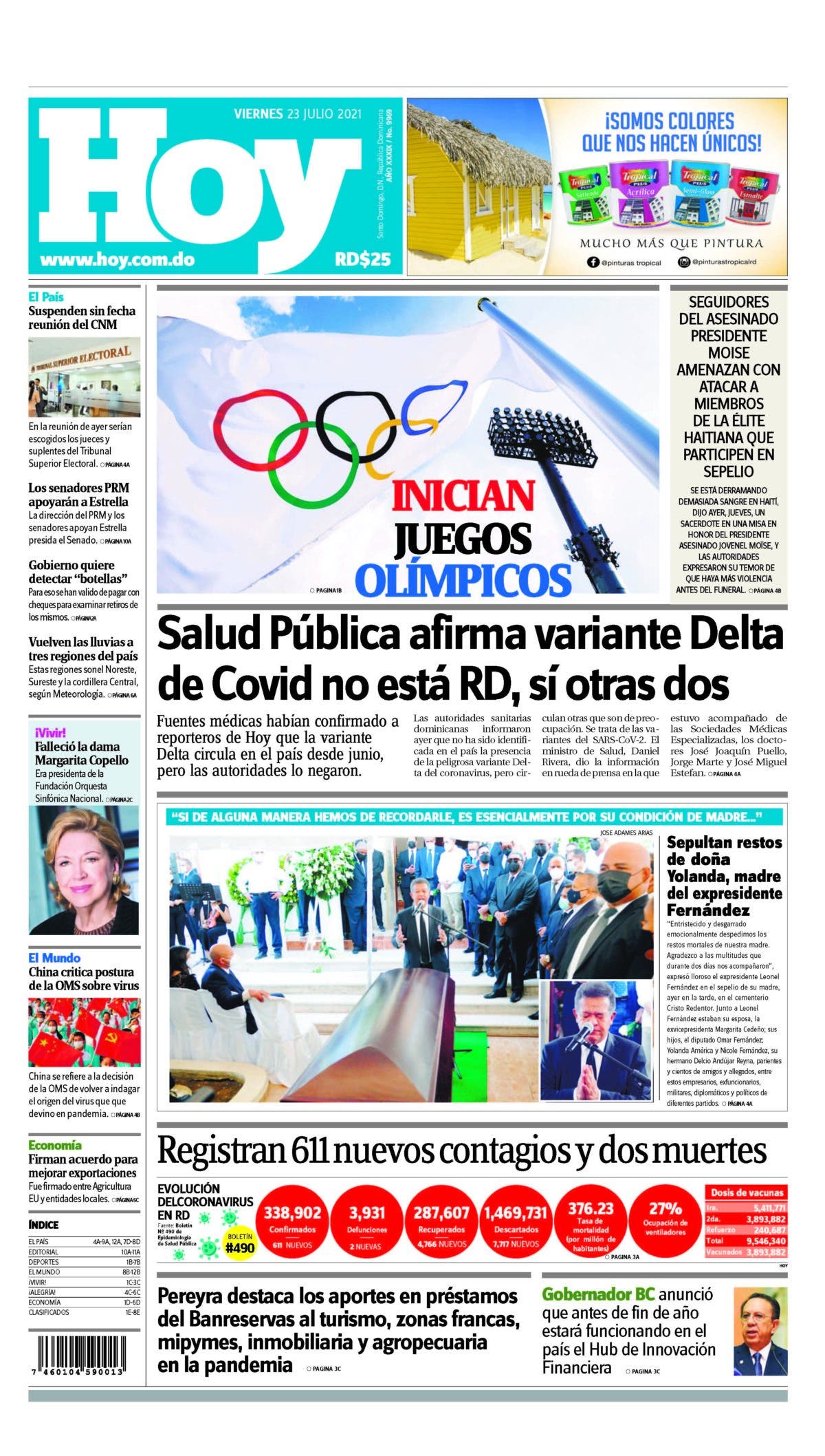 Portada Periódico Hoy, Viernes 23 Julio, 2021