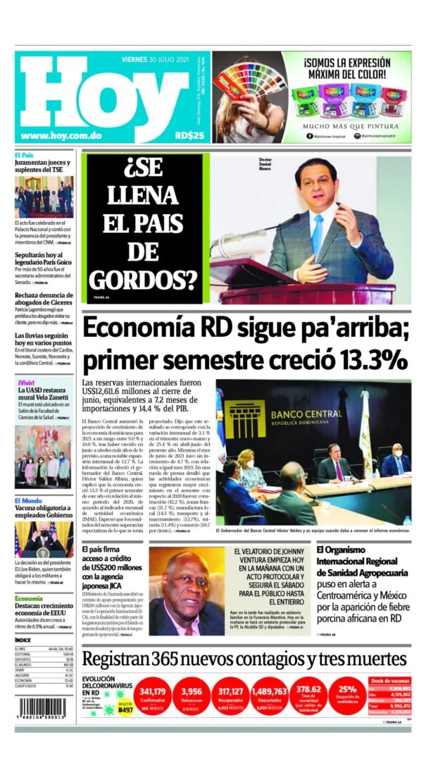 Portada Periódico Hoy, Viernes 30 Julio, 2021