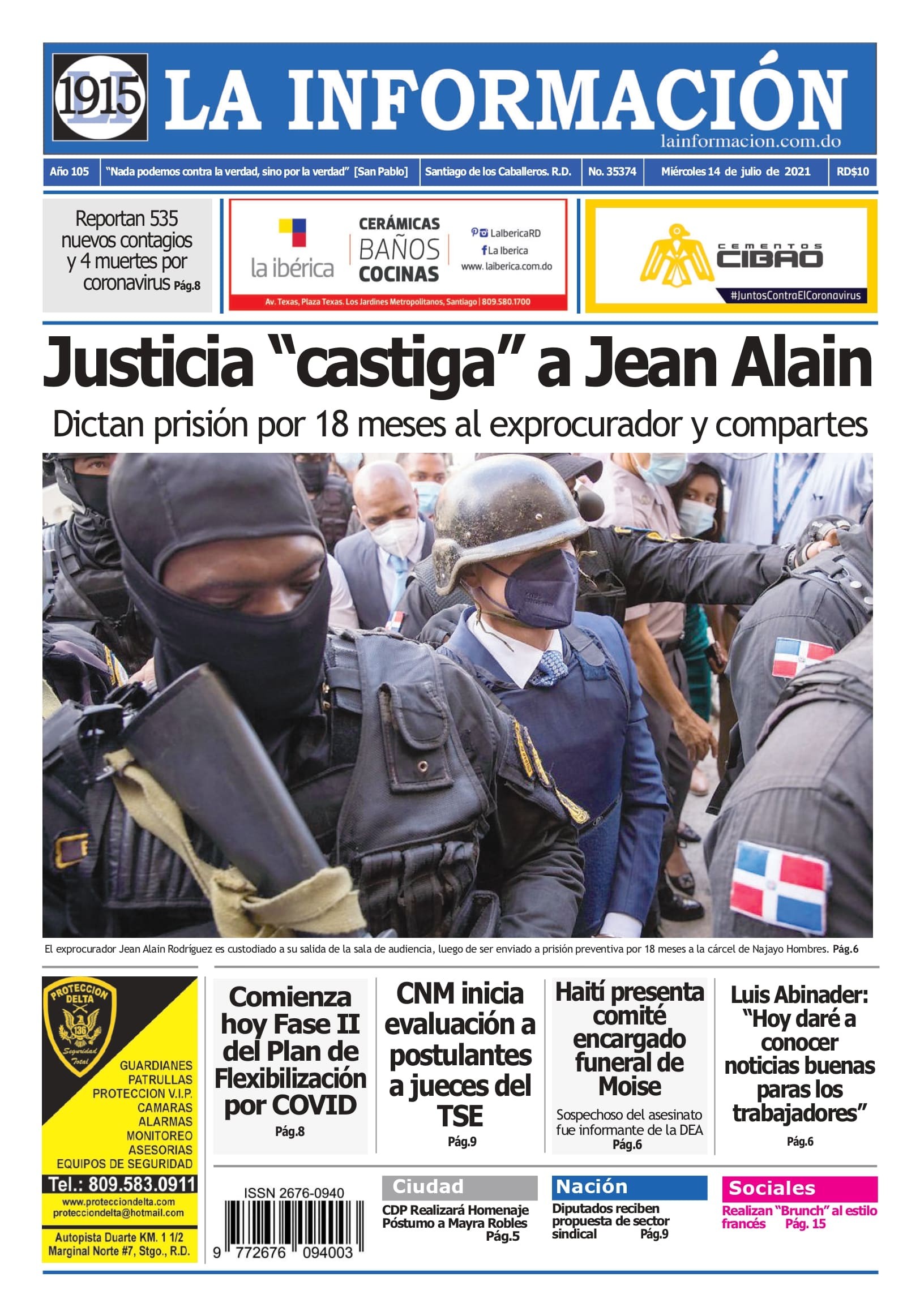 Portada Periódico La Información, Jueves 15 Julio, 2021