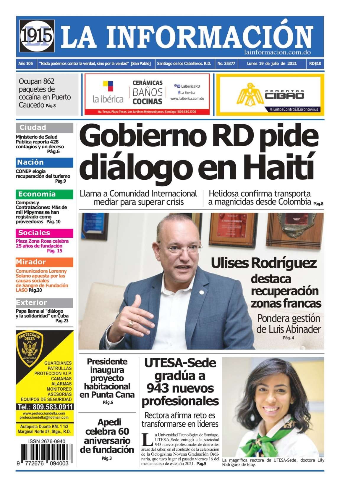 Portada Periódico La Información, Lunes 19 Julio, 2021