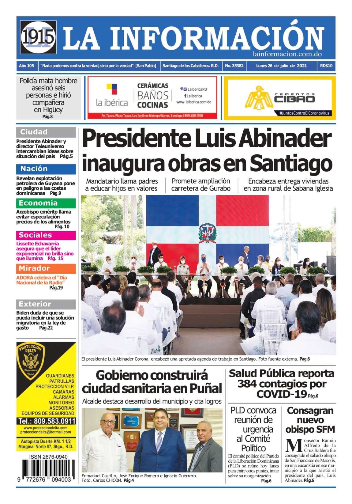 Portada Periódico La Información, Lunes 26 Julio, 2021