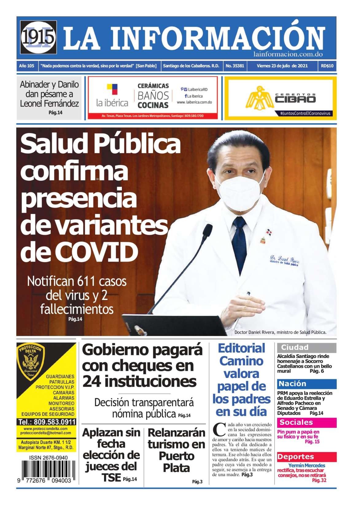 Portada Periódico La Información, Viernes 23 Julio, 2021