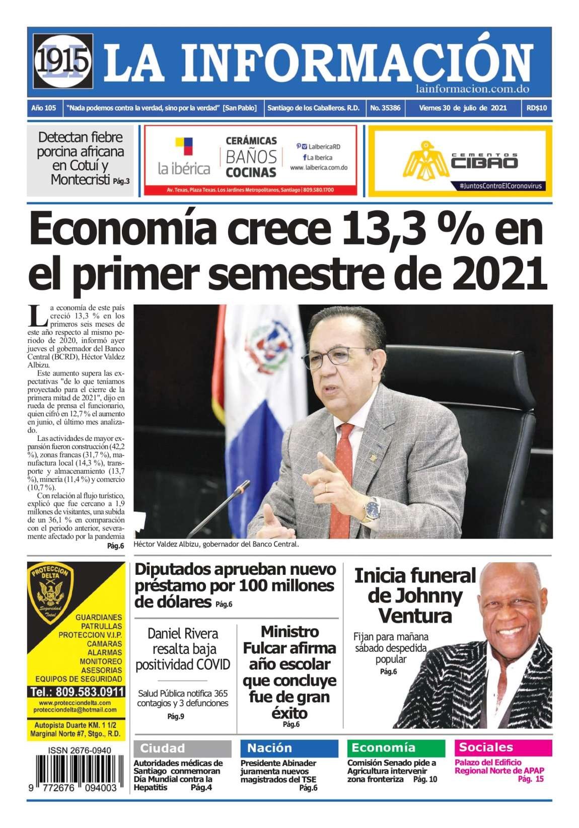 Portada Periódico La Información, Viernes 30 Julio, 2021