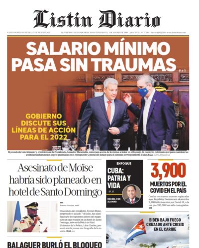 Portada Periódico Listín Diario, Jueves 15 Julio, 2021