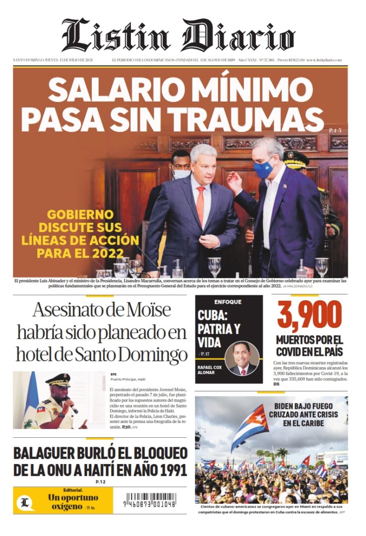 Portada Periódico Listín Diario, Jueves 15 Julio, 2021