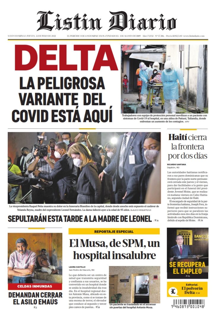 Portada Periódico Listín Diario, Jueves 22 Julio, 2021