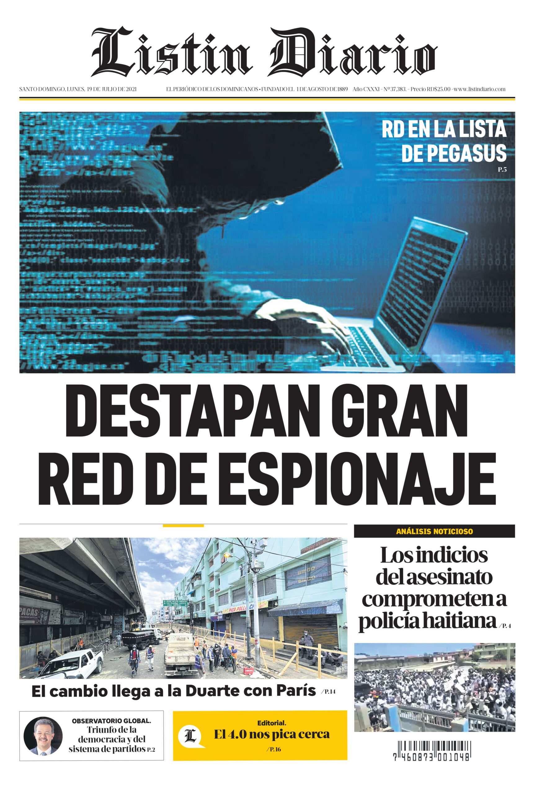 Portada Periódico Listín Diario, Lunes 19 Julio, 2021