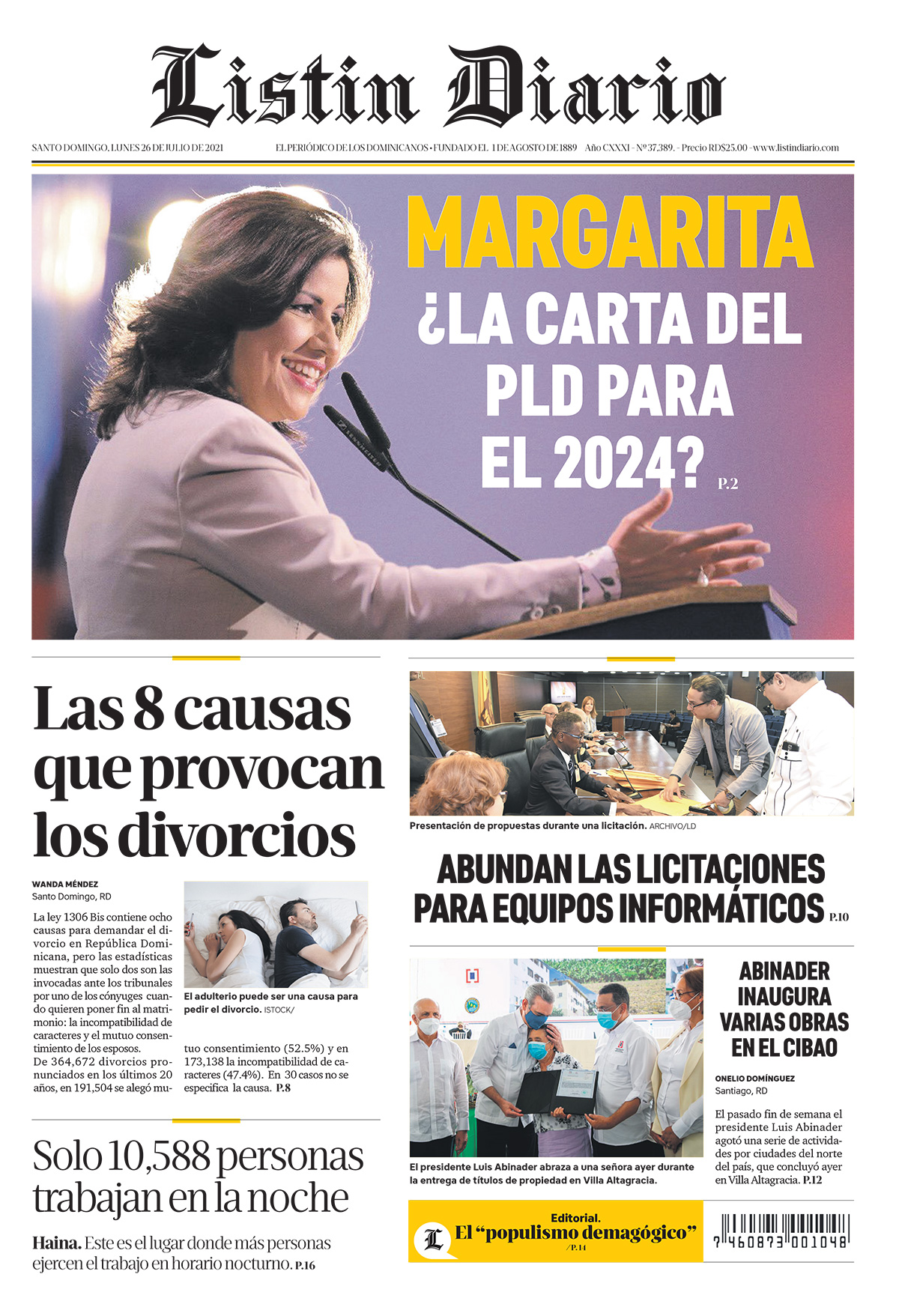 Portada Periódico Listín Diario, Lunes 26 Julio, 2021