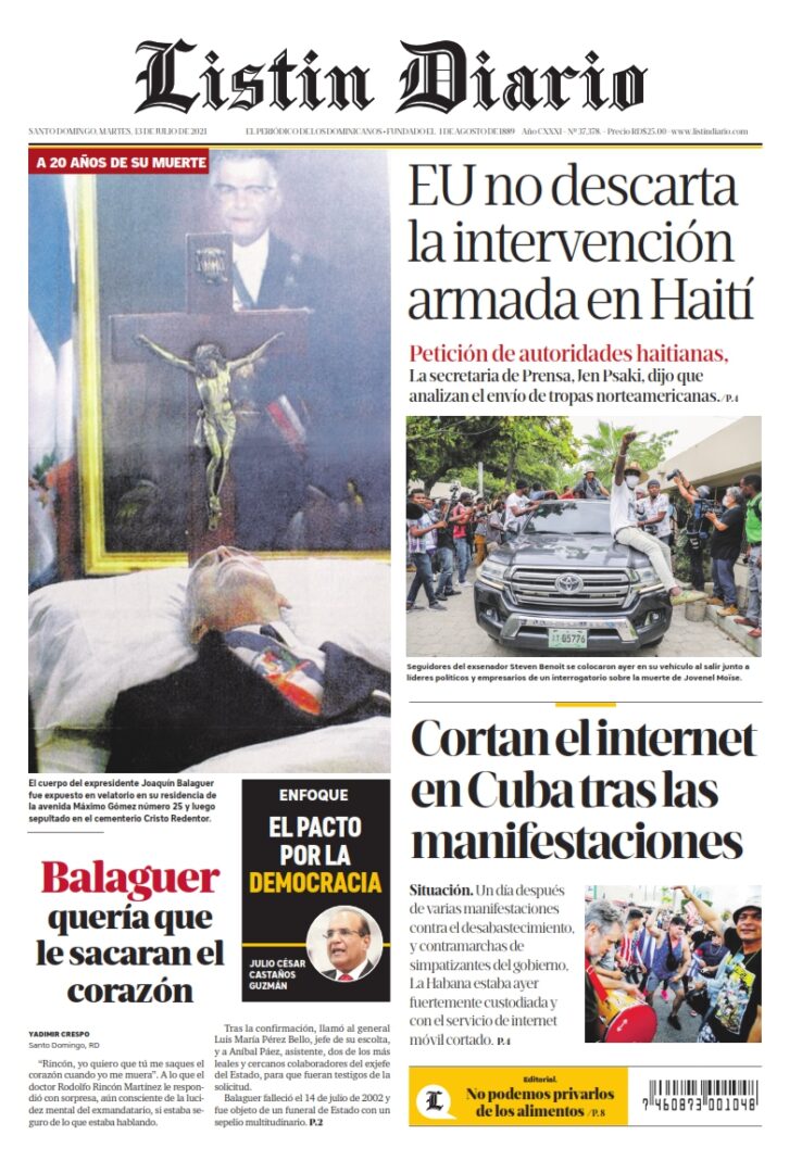 Portada Periódico Listín Diario, Martes 13 Julio, 2021