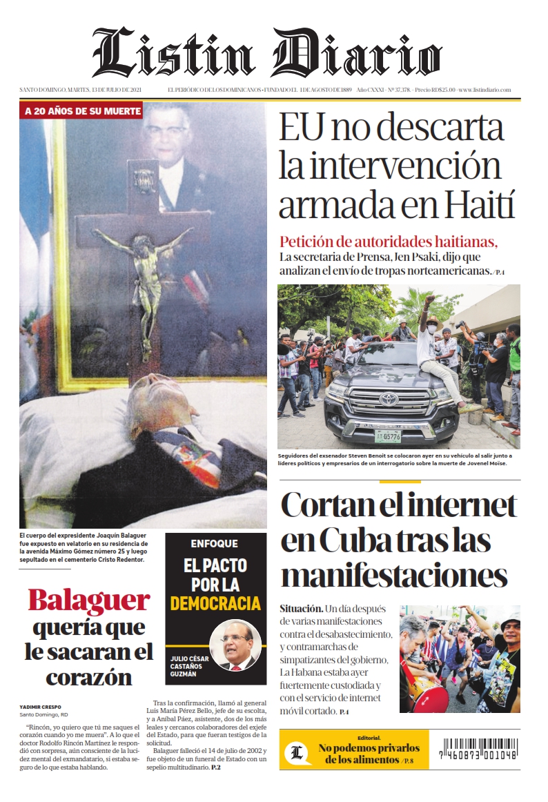 Portada Periódico Listín Diario, Martes 13 Julio, 2021