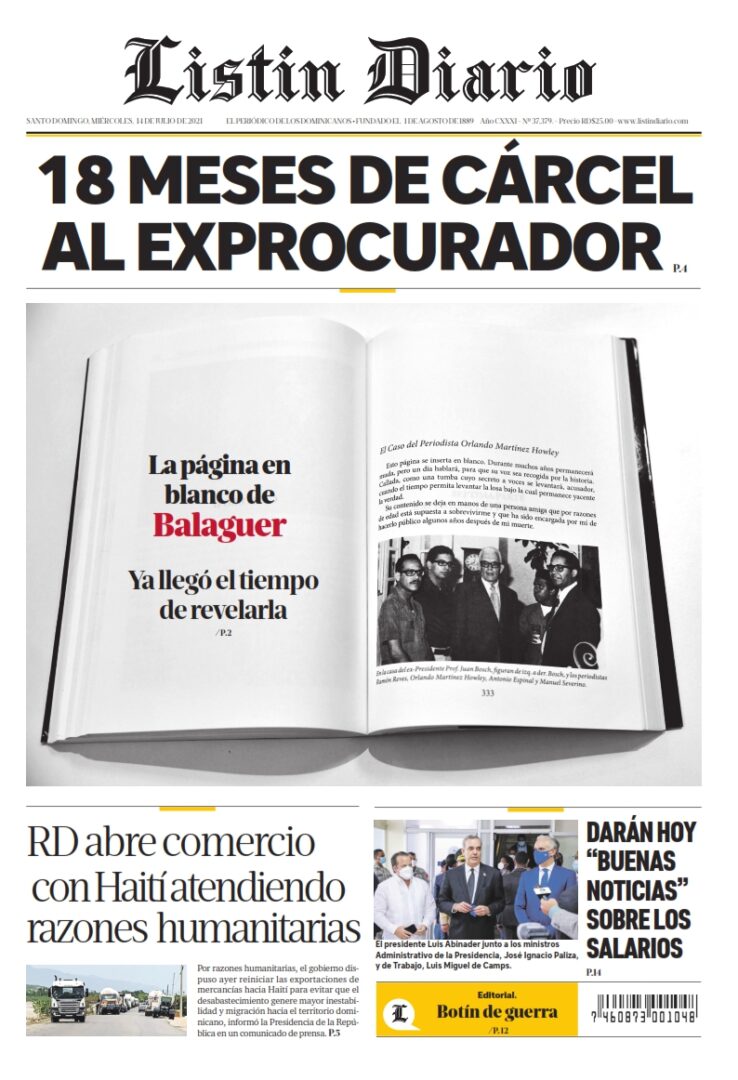 Portada Periódico Listín Diario, Miércoles 14 Julio, 2021