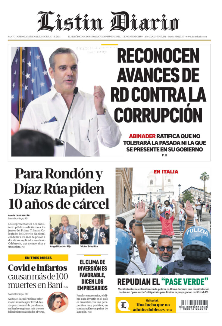 Portada Periódico Listín Diario, Miércoles 28 Julio, 2021