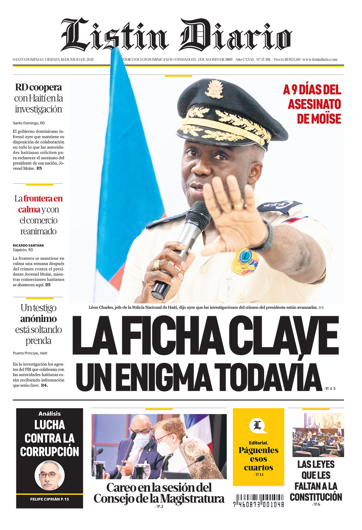 Portada Periódico Listín Diario, Viernes 16 Julio, 2021