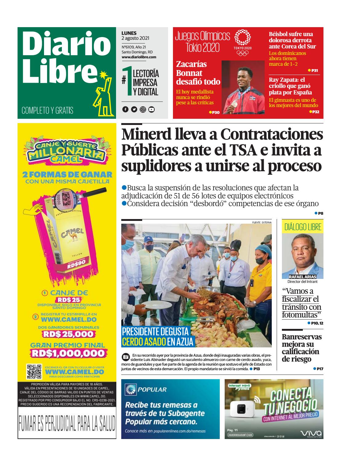 Portada Periódico Diario Libre, Lunes 02 Agosto, 2021