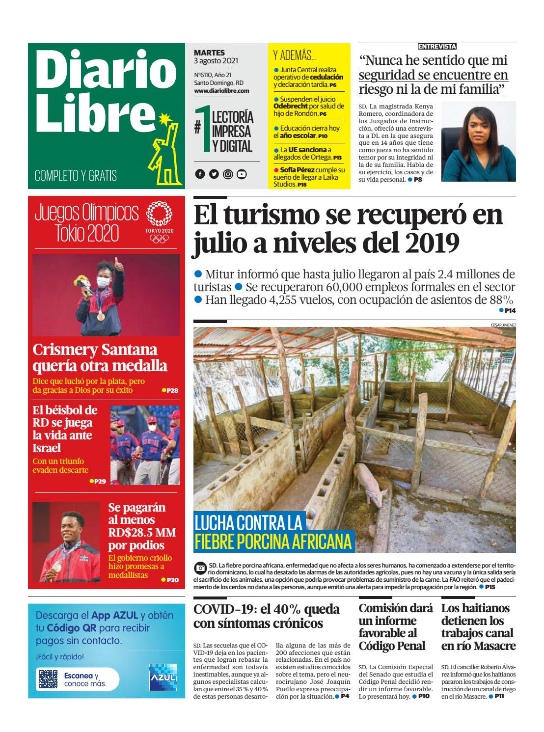 Portada Periódico Diario Libre, Martes 03 Agosto, 2021