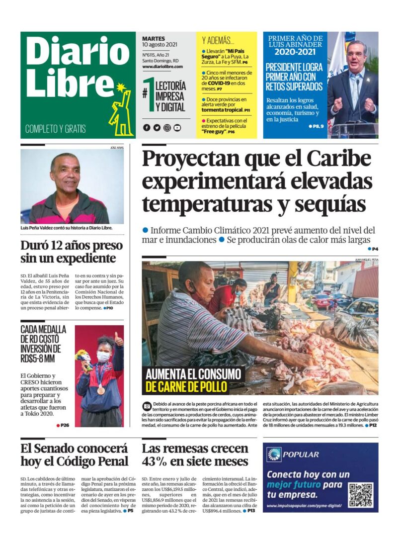 Portada Periódico Diario Libre, Martes 10 Agosto, 2021