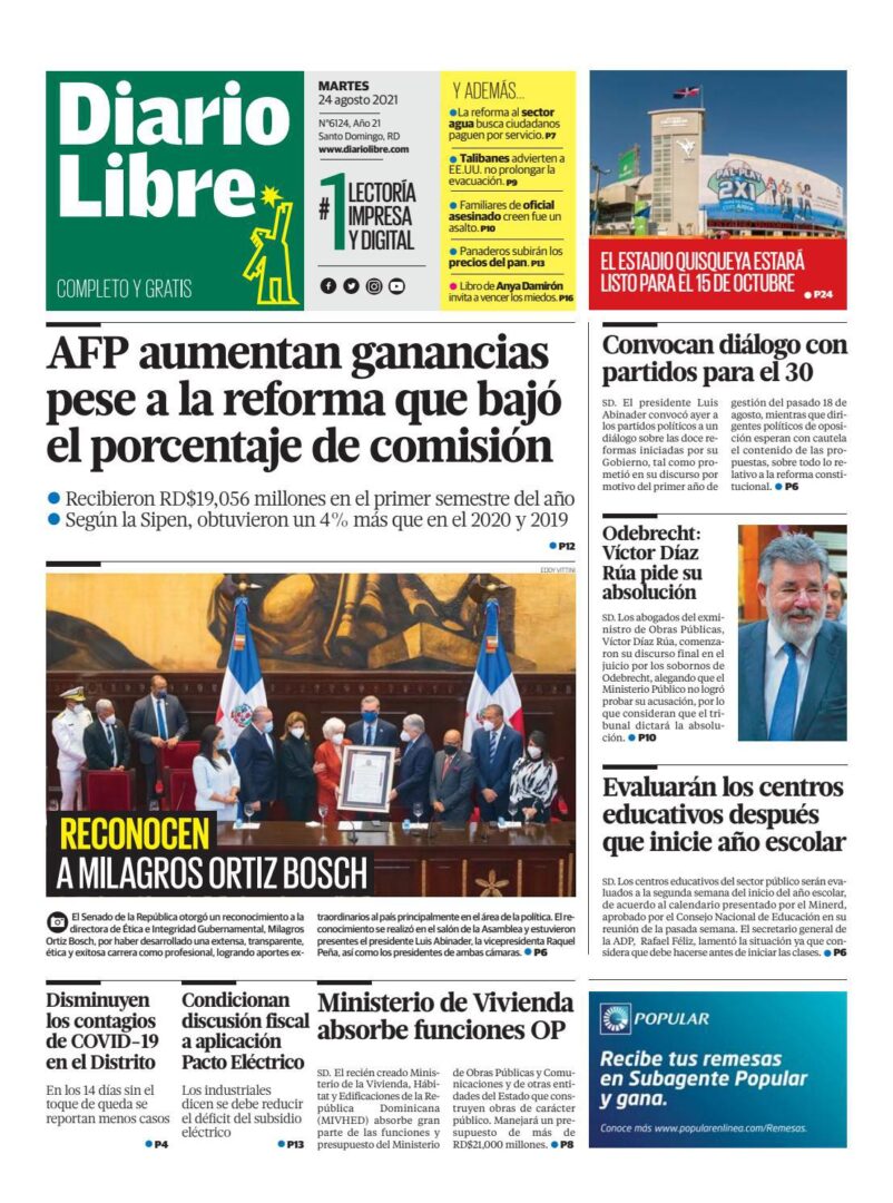 Portada Periódico Diario Libre, Martes 24 Agosto, 2021