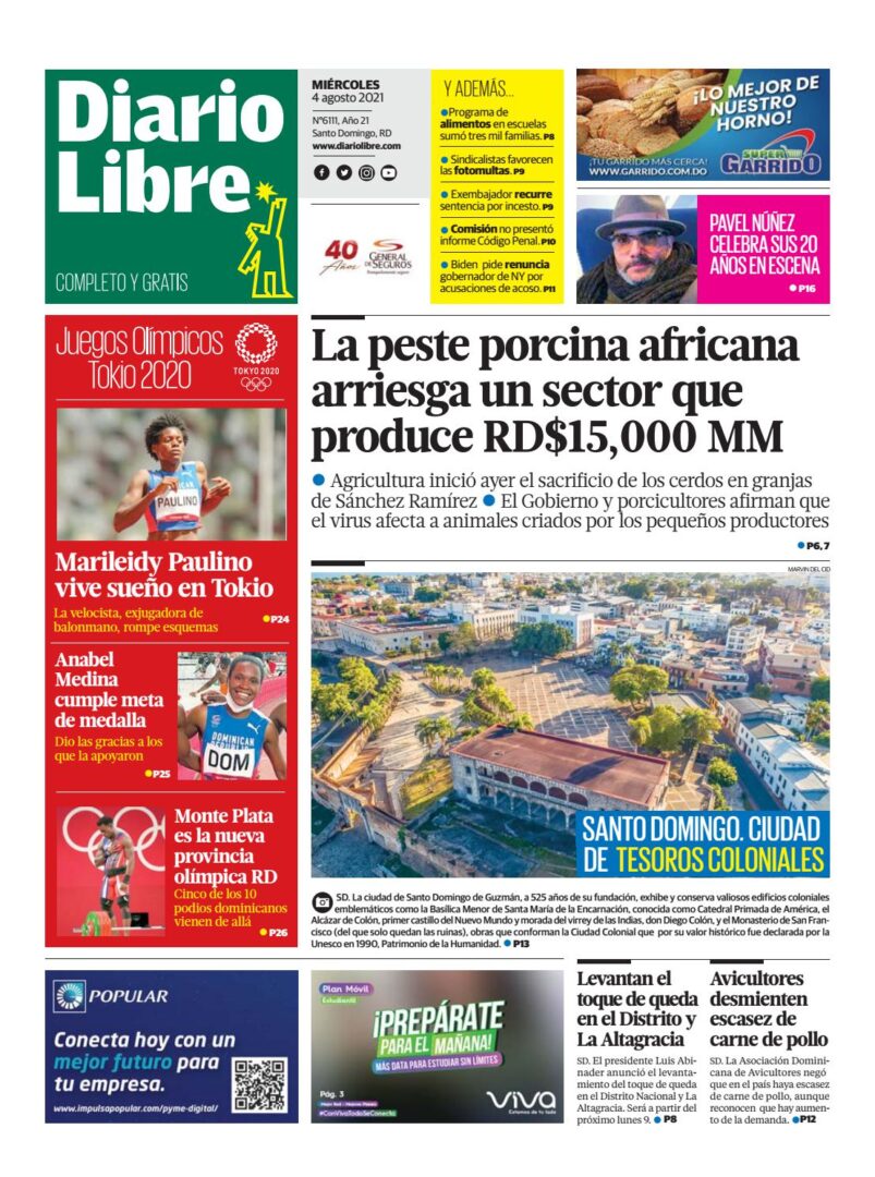 Portada Periódico Diario Libre, Miércoles 04 Agosto, 2021