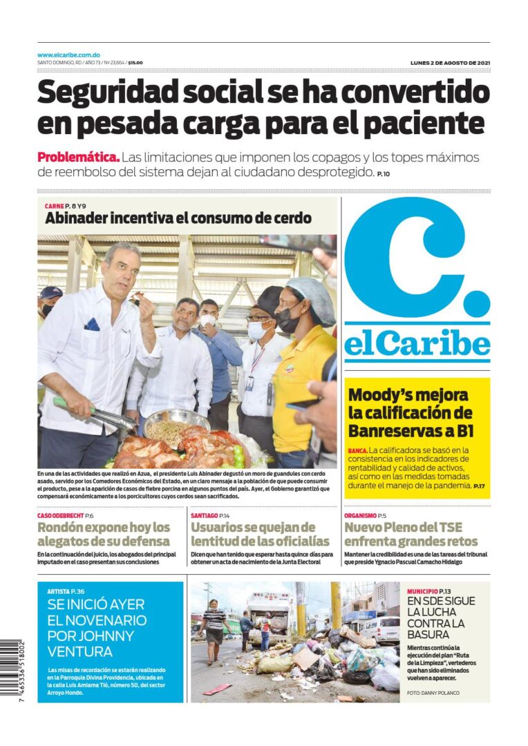 Portada Periódico El Caribe, Lunes 02 Agosto, 2021