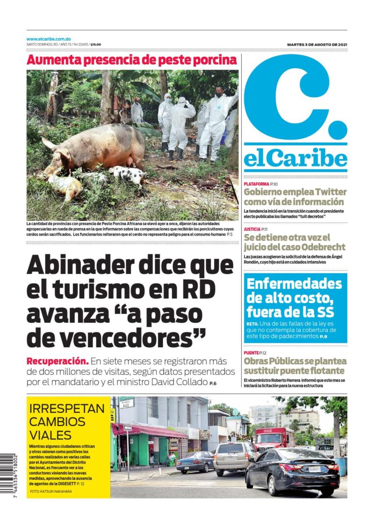 Portada Periódico El Caribe, Martes 03 Agosto, 2021