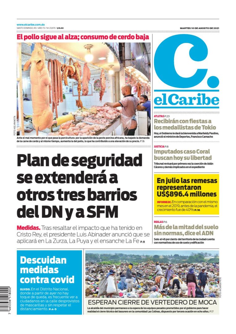 Portada Periódico El Caribe, Martes 10 Agosto, 2021