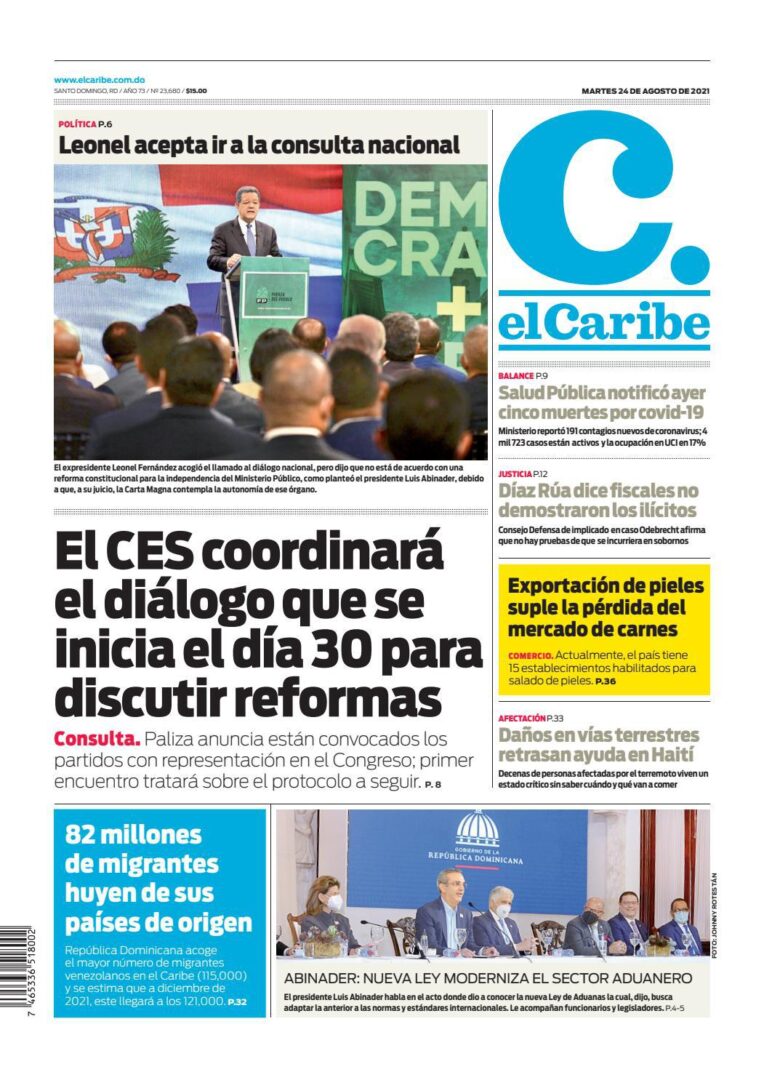Portada Periódico El Caribe, Martes 24 Agosto, 2021