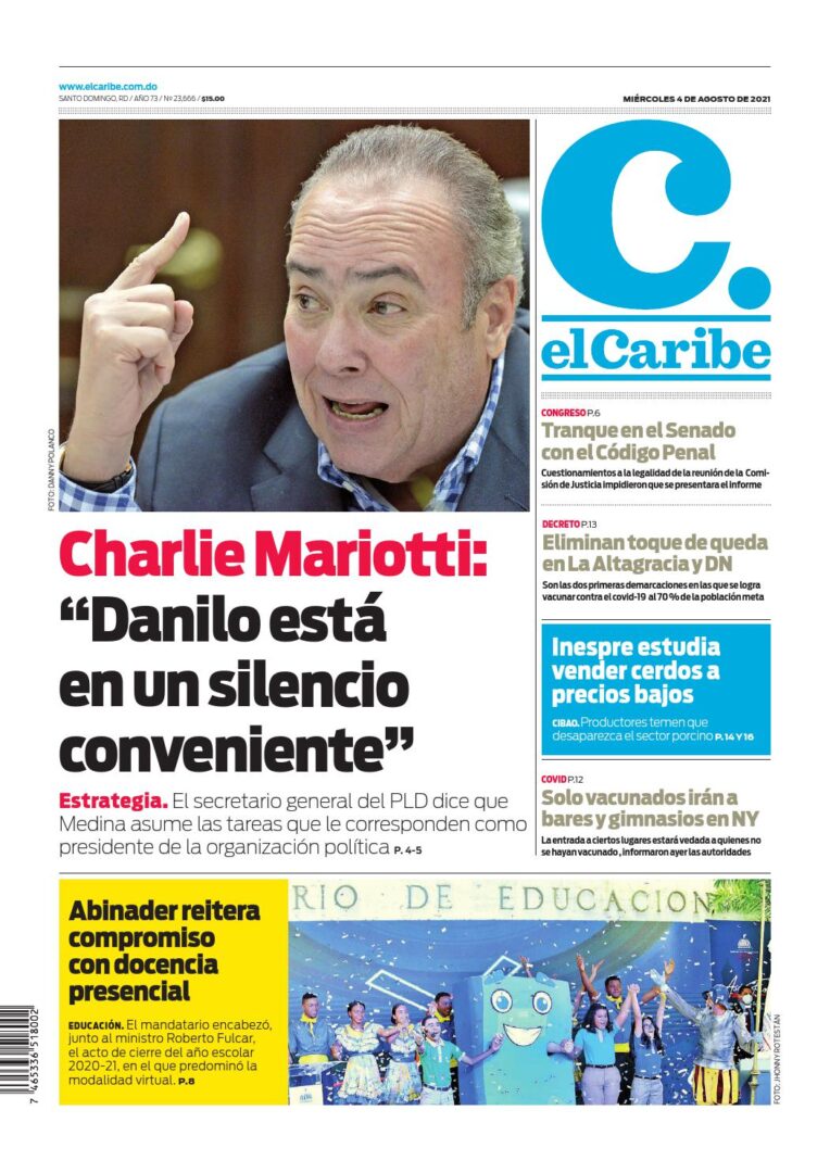 Portada Periódico El Caribe, Miércoles 04 Agosto, 2021
