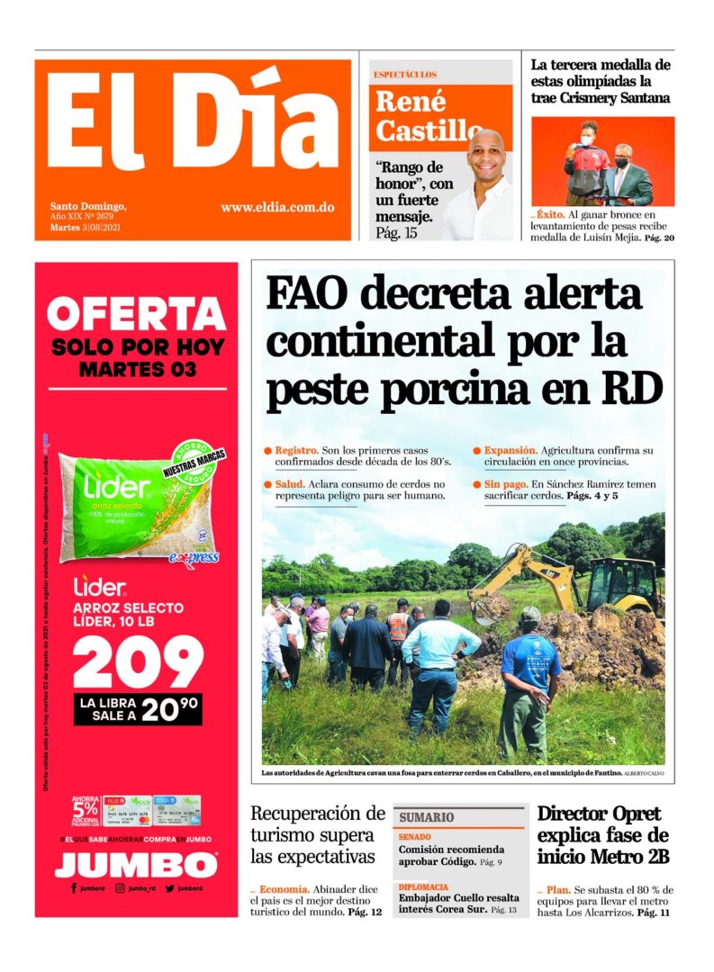 Portada Periódico El Día, Martes 03 Agosto, 2021