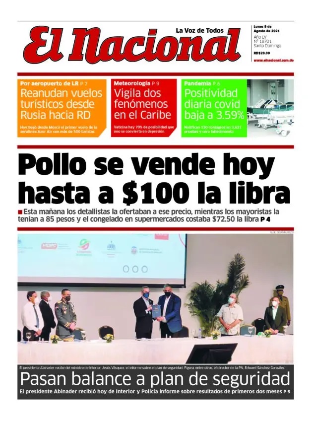 Portada Periódico El Nacional, Lunes 09 Agosto, 2021
