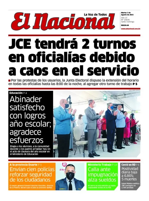 Portada Periódico El Nacional, Martes 03 Agosto, 2021