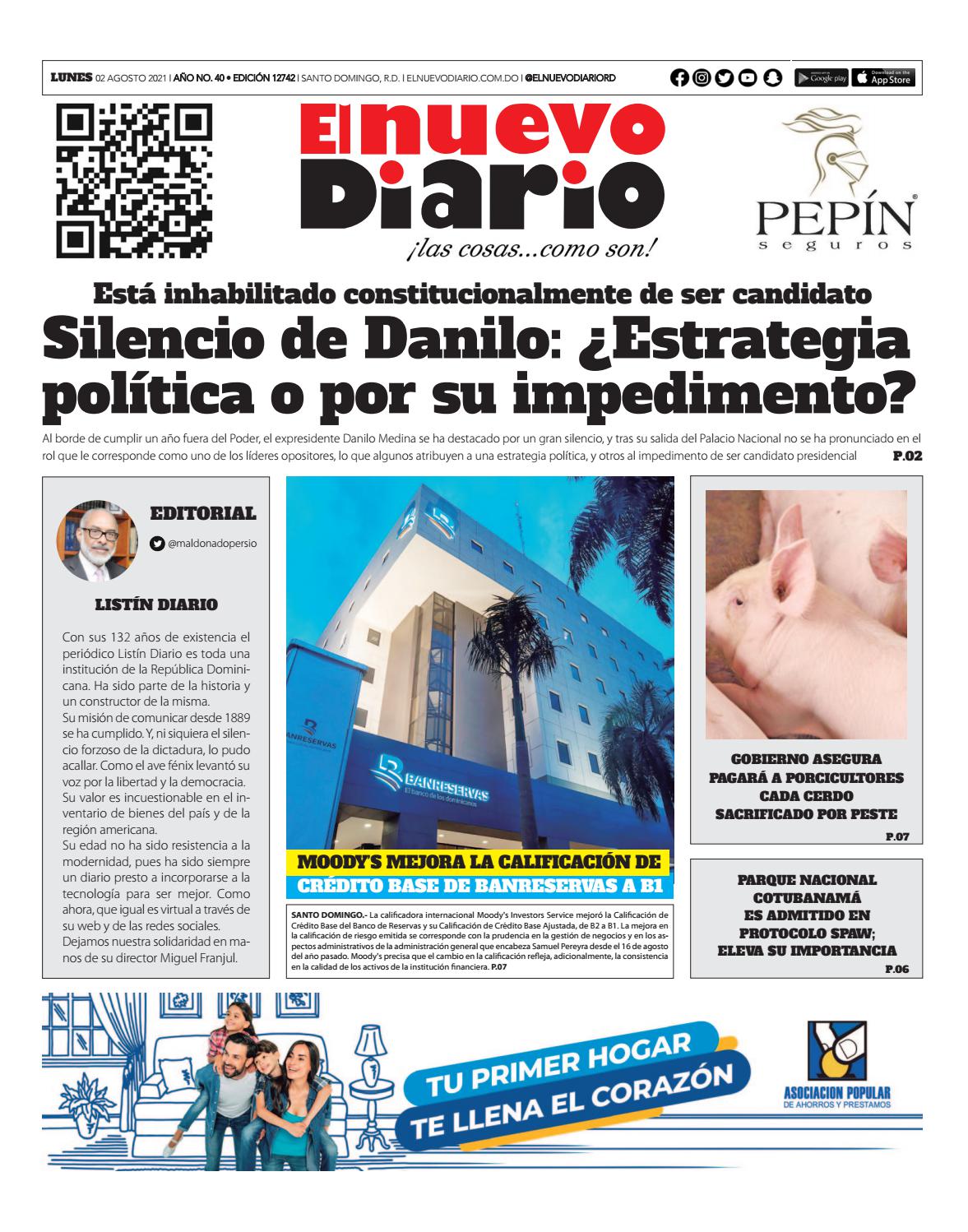 Portada Periódico El Nuevo Diario, Lunes 02 Agosto, 2021