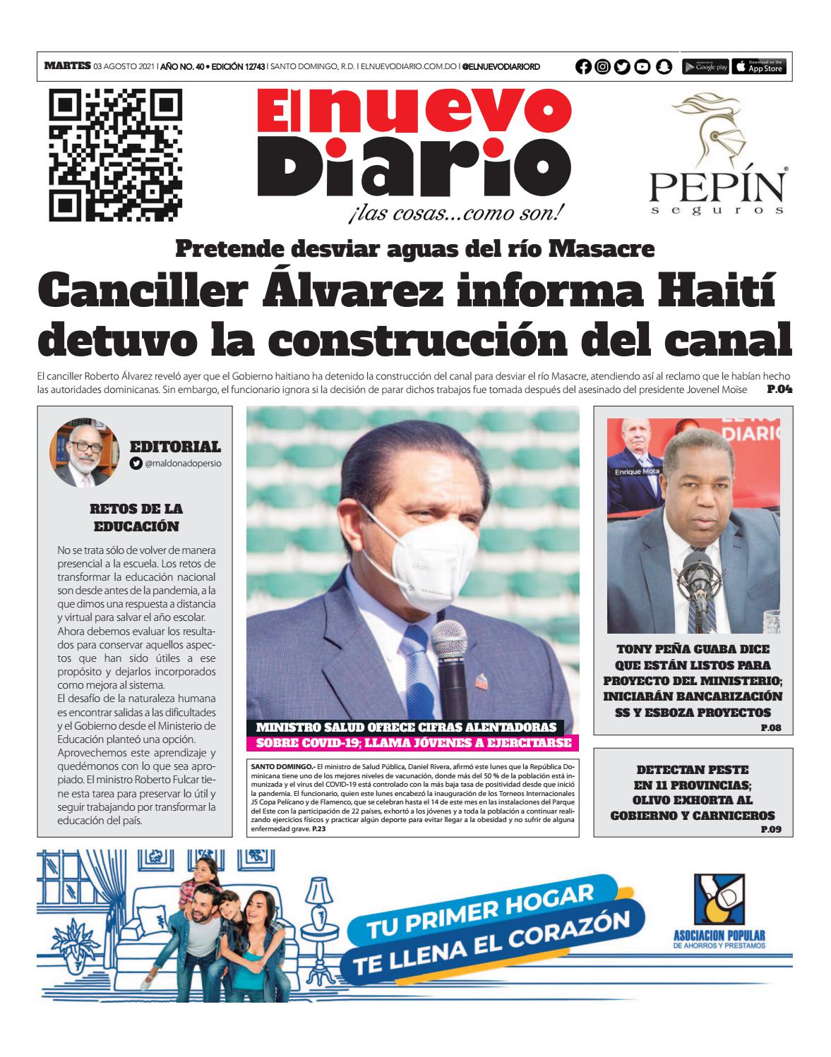 Portada Periódico El Nuevo Diario, Martes 03 Agosto, 2021