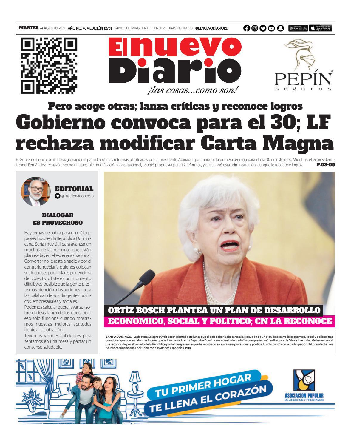 Portada Periódico El Nuevo Diario, Martes 24 Agosto, 2021