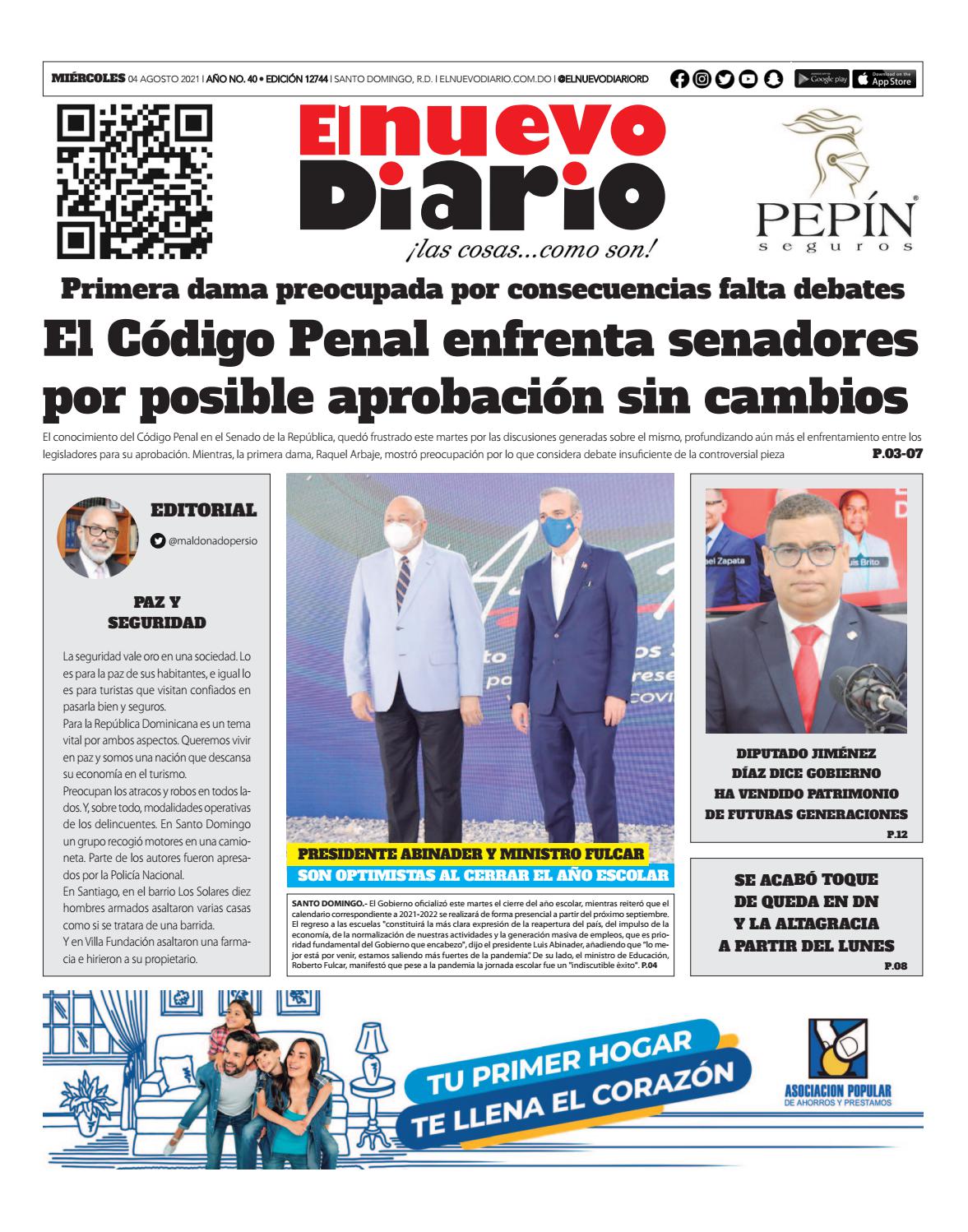 Portada Periódico El Nuevo Diario, Miércoles 04 Agosto, 2021